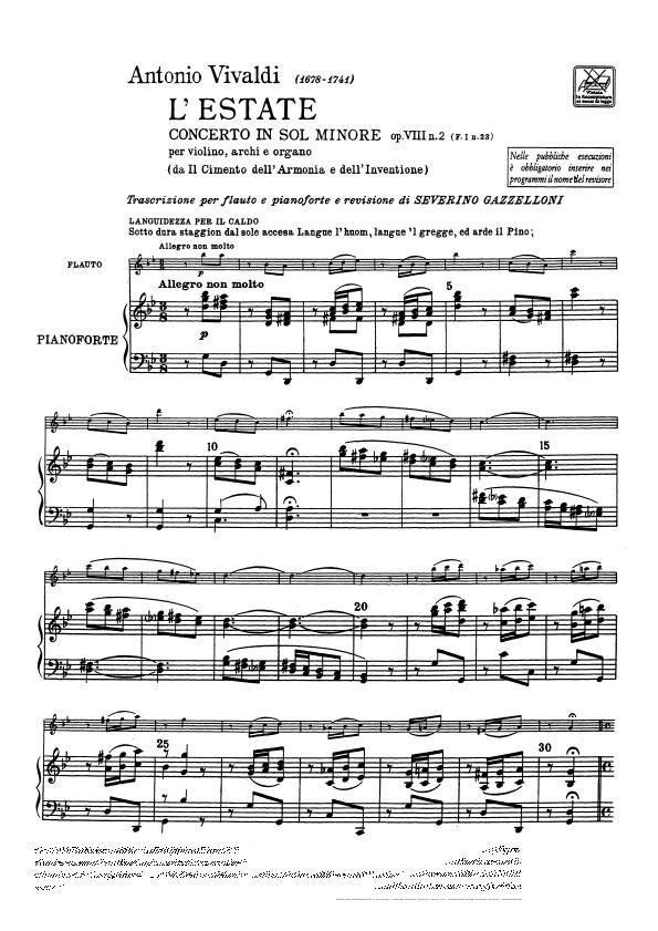 ヴァイオリン協奏曲『四季』より「夏」（アントニオ・ヴィヴァルディ）（フルート+ピアノ）【Concerto in G Minor “L'estate”  (Summer)】 - 吹奏楽の楽譜販売はミュージックエイト